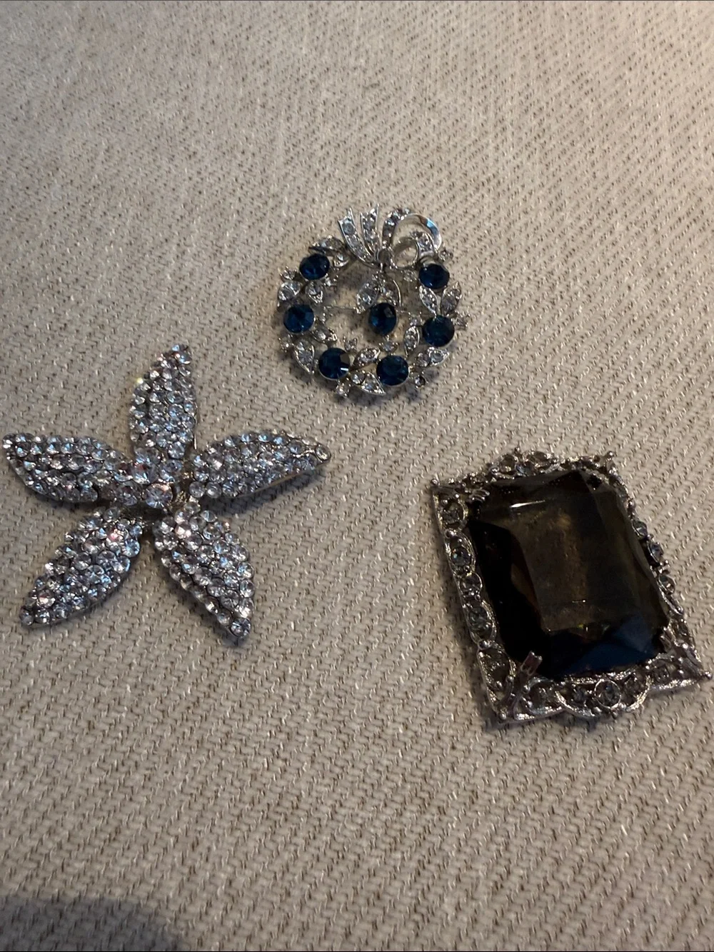 Rhinestone Brooch Trio - Silver & Blue Sparkle